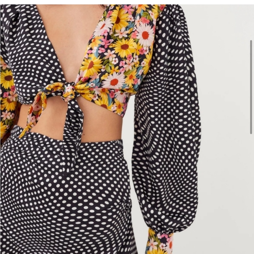 NWT For Love & Lemons Anya polka dot floral V-neck cropped top blouse XS